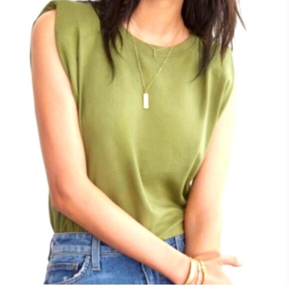 New Anthropologie Top Green Shoulder Padded T-shirt Sleeveless Crew Round Neck L - Picture 1 of 10
